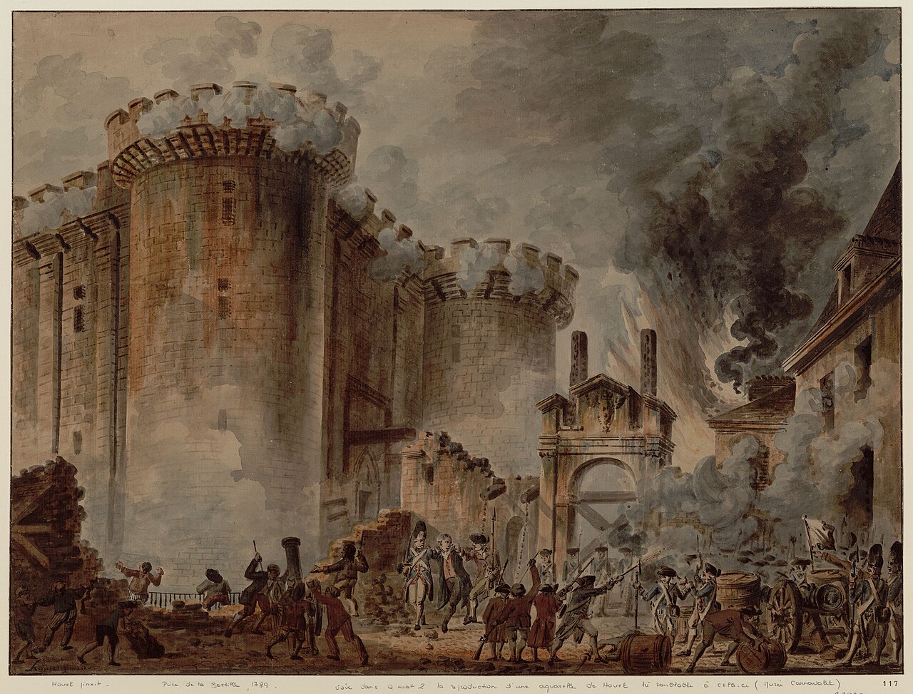 Storming of the Bastille, July 14, 1789 (watercolor by Jean-Pierre Houël)