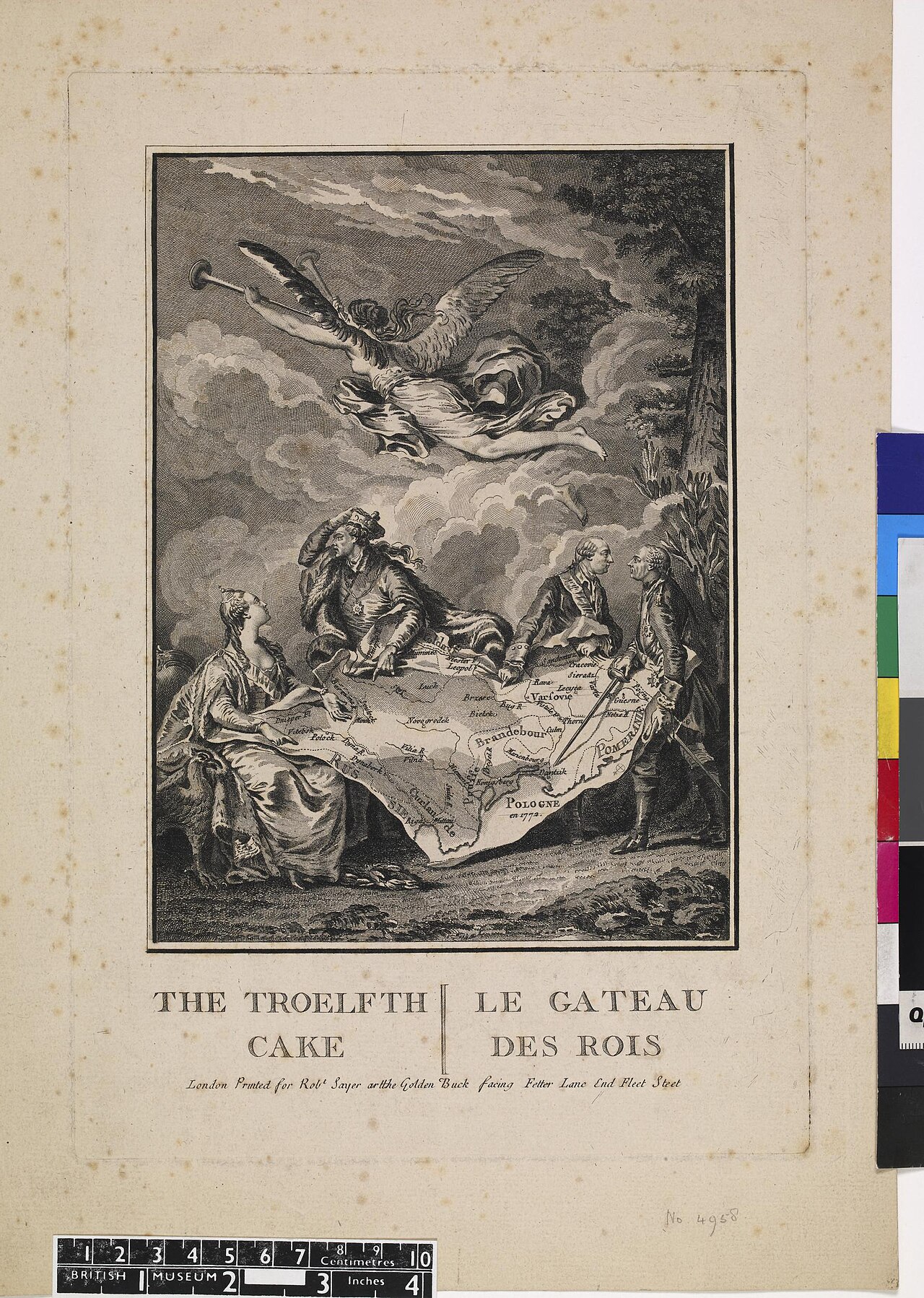 The Troelfth Cake — 1773 French satirical engraving showing Catherine II of Russia, Frederick II of Prussia, and Joseph II of Austria carving up Poland