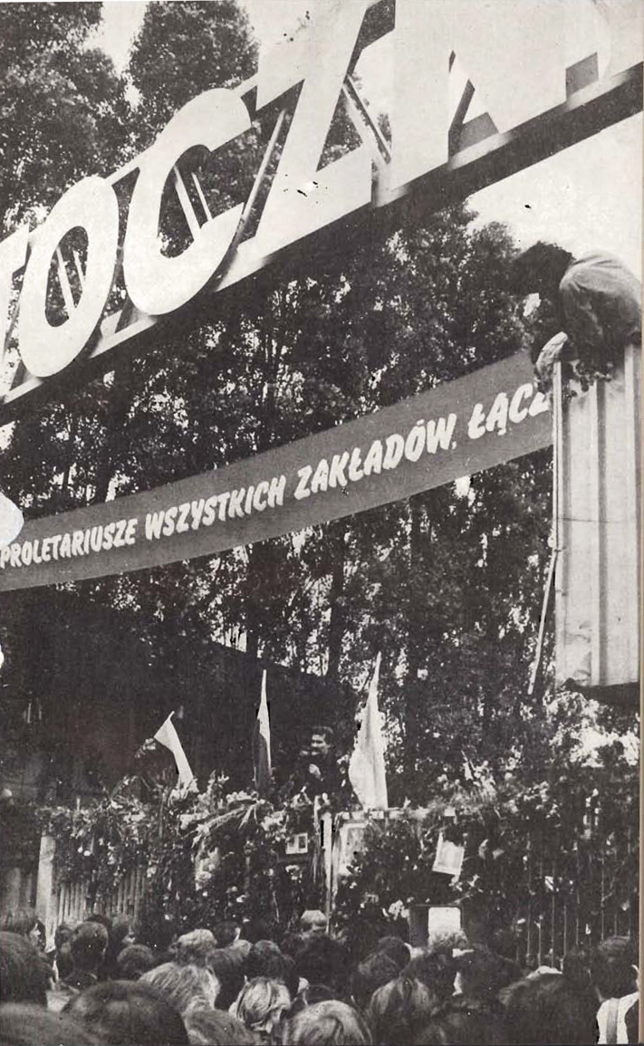 Workers and supporters at the gate of the Gdańsk Shipyard during the August 1980 strike