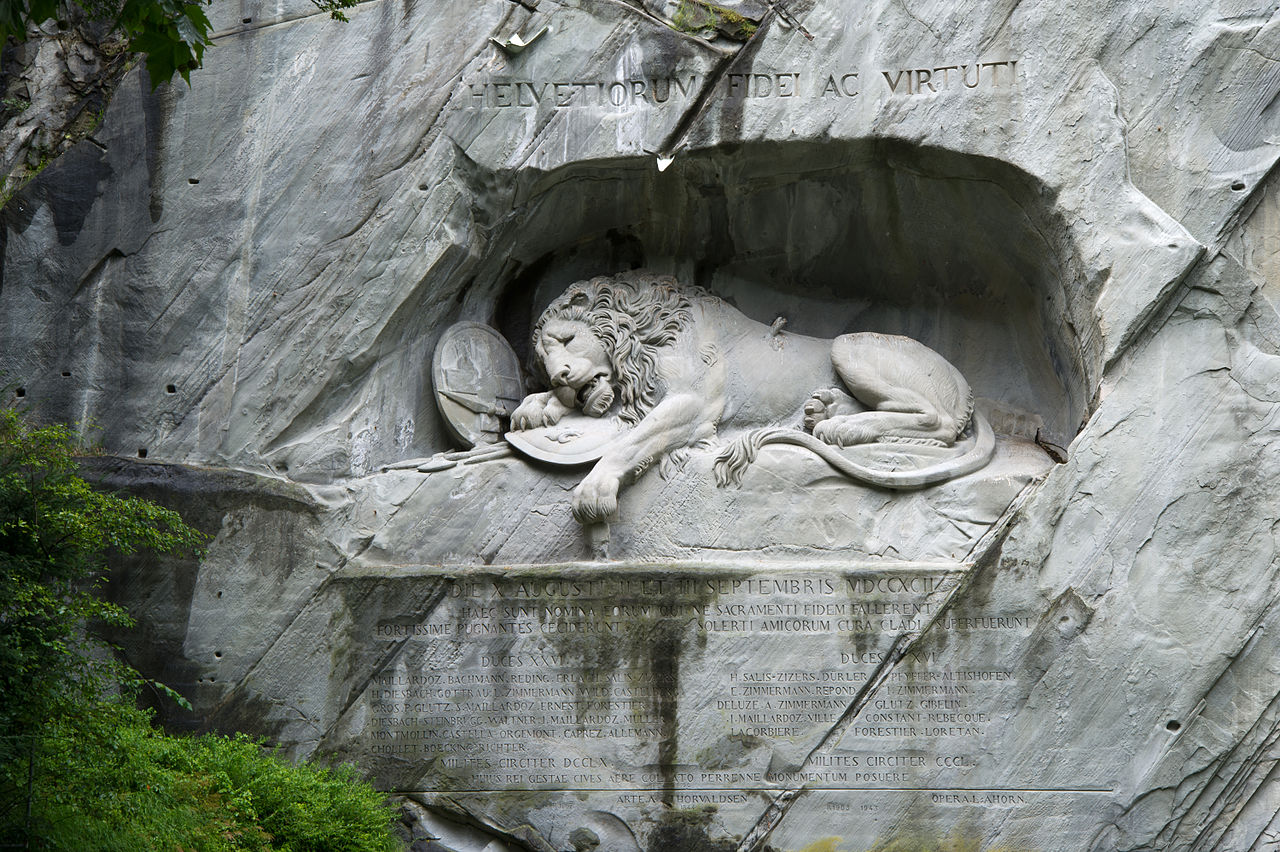 The Lion Monument in Lucerne, carved 1820-1821, commemorating Swiss Guards killed in 1792